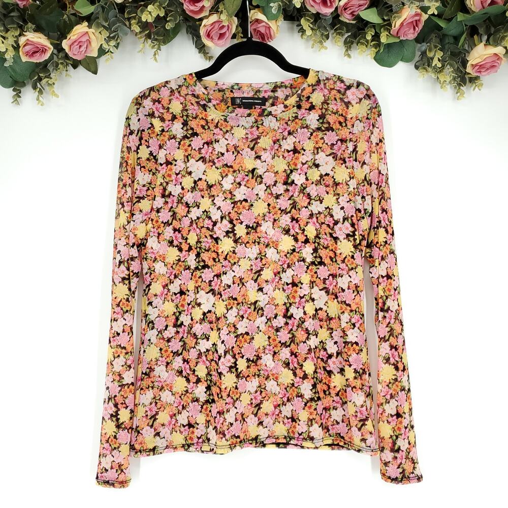 I.N.C. International Concepts Floral Printed Mesh Crewneck Top Medium